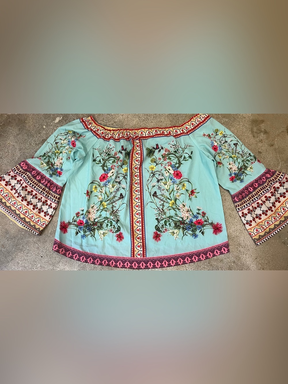 Bungee Turquoise Floral Boho Peasant Top - Picture 4 of 4
